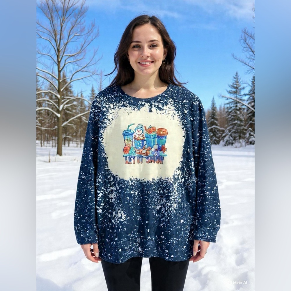 Graphic Navy Blue Snow Scene Top- Let It Snow